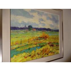 Frans Manders , kleurrijk landschap op paneel