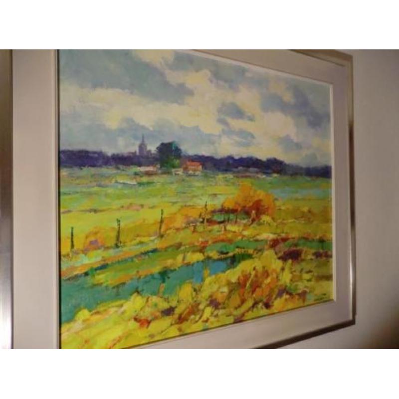 Frans Manders , kleurrijk landschap op paneel