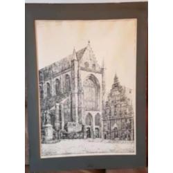 Oude tekening gravure grote kerk Haarlem Legrand gesigneerd.