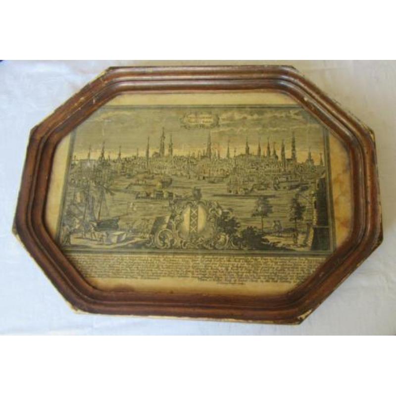 Oud Amsterdams dienblad gravure Georg Ringlin stadsprofiel