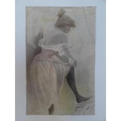 tekening vrouw die kousen optrekt erotisch in 1900 H. Hunter