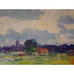 Frans Manders , kleurrijk landschap op paneel