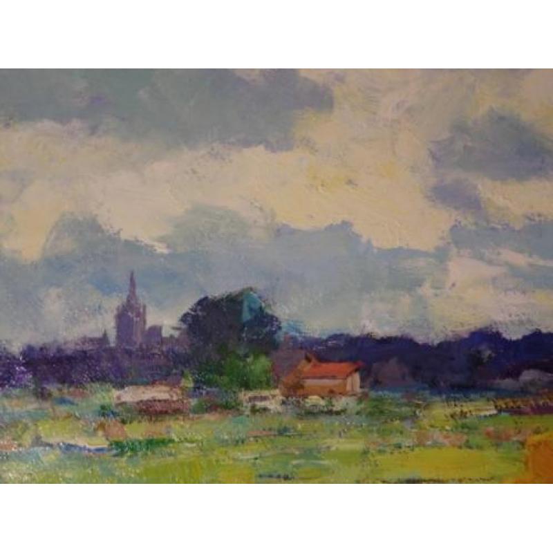 Frans Manders , kleurrijk landschap op paneel