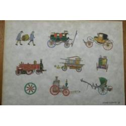 tekeningen met aquarel schilderij oude vervoermiddelen Lentz