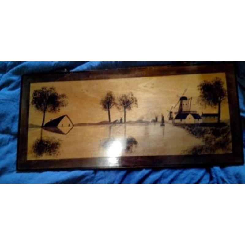 2 Antieke Fineer schilderijen Hollands Landschap uit 1932!