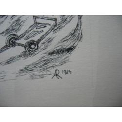 Vintage Ets-Tekening- Waalkade Nijmegen1984