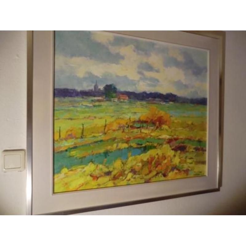 Frans Manders , kleurrijk landschap op paneel