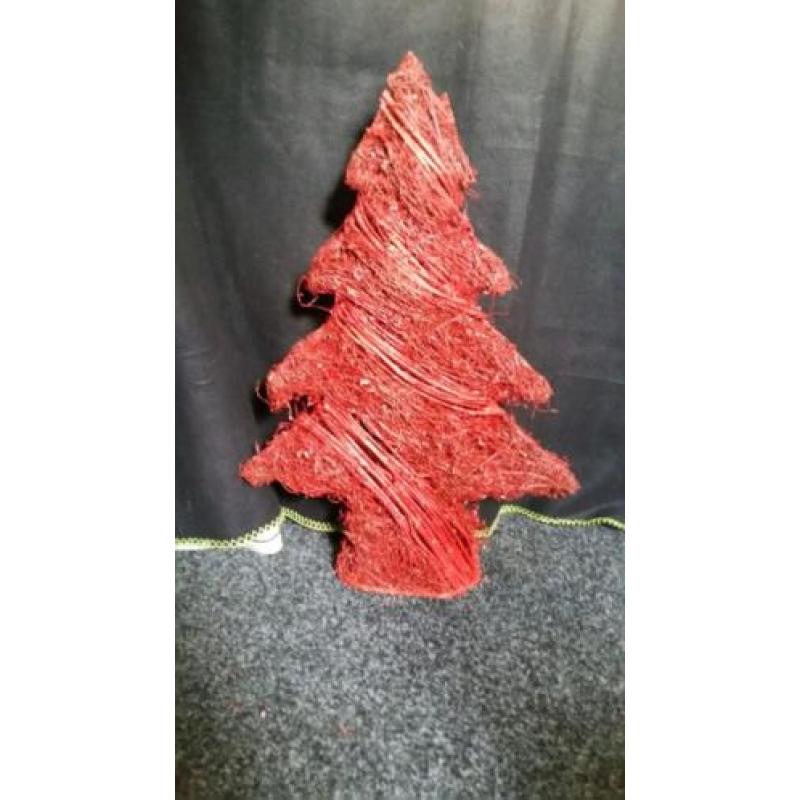 Rieten rode kerstboom 50cm en rode kerstdecoratie
